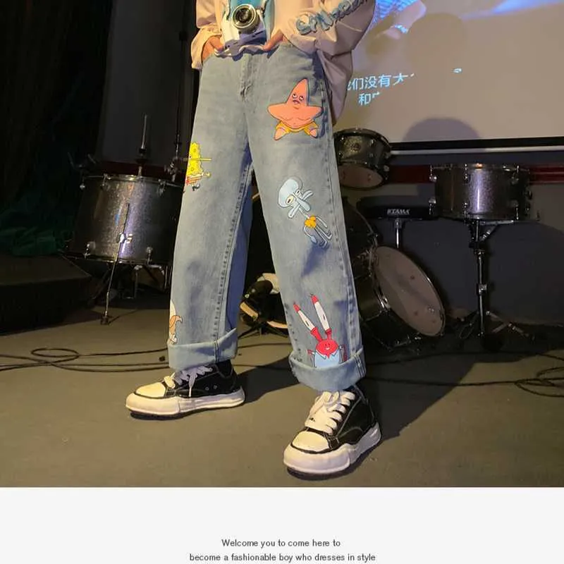 Cartoon gedrukt jeans mannen en vrouwen recht losse herfst koreaanse stijl broek straat hiphop knappe negen-punt broek mode x0621