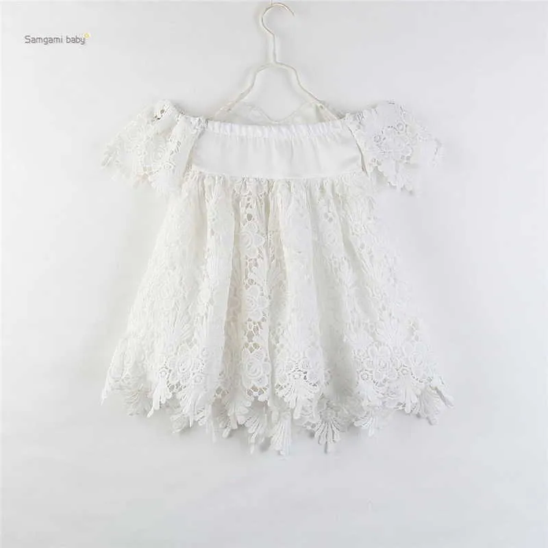 Gros été fille robe broderie dentelle hors de l'épaule blanc Flare manches princesse enfants vêtements E93007 210610