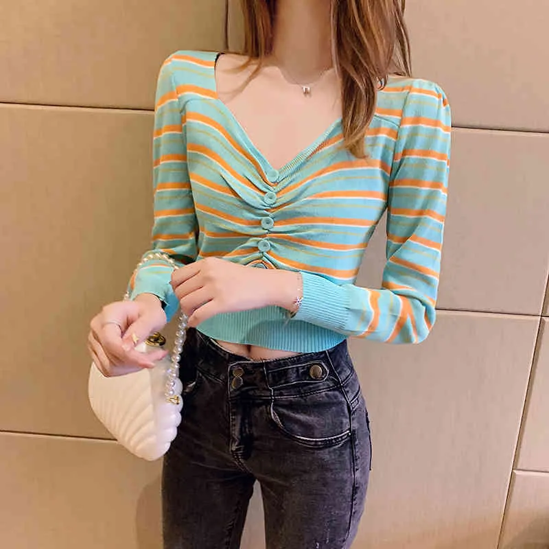 Women V-neck Striped Knitted Crop Tops Bottom Shirt Pullover Spring Long Sleeve Female Casual Slim Knitting T-Shirts Crops 210423
