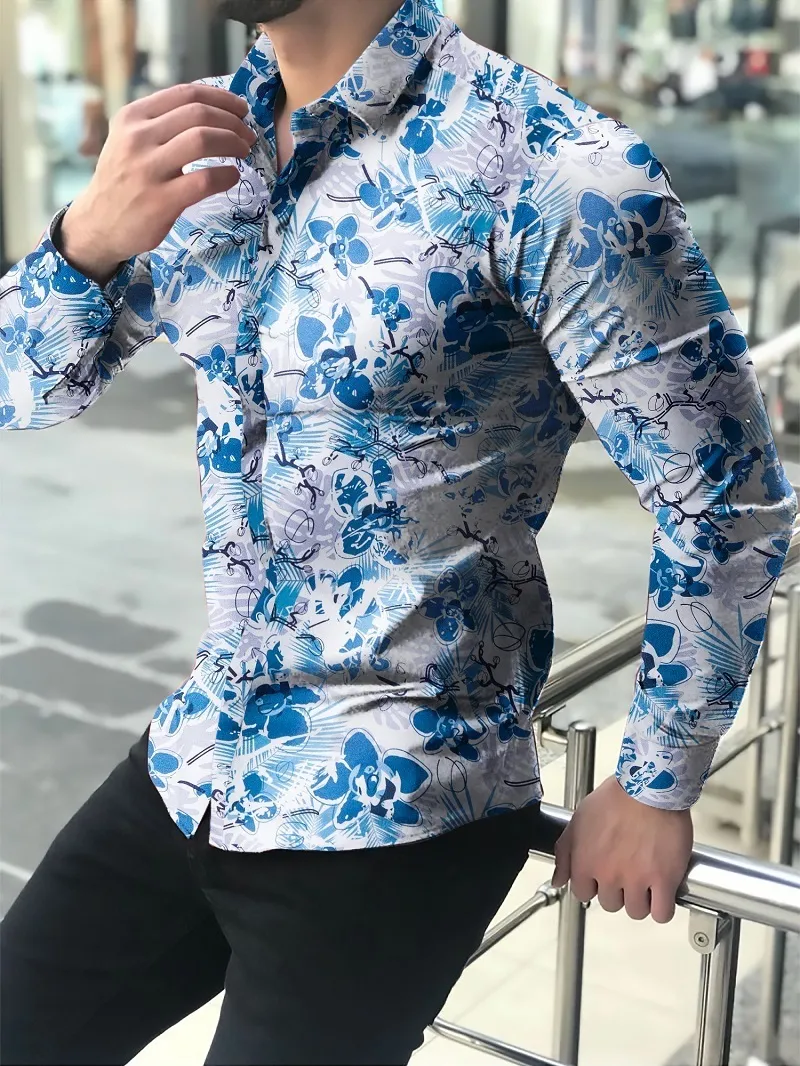 Camisas florales de manga larga otoño para hombres camisas estampadas con flores corte lgado cam 220222