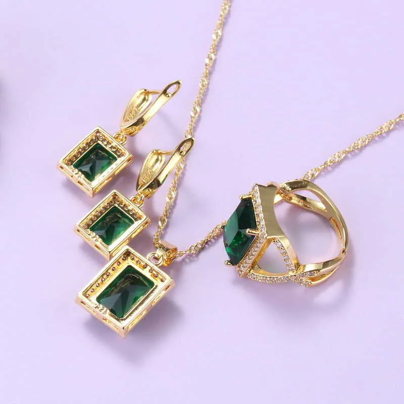 Gul guldfärg Lyxiga kvinnor Gröna Smycken Set med Cubic Zirconia Halsband Set Armband och Ring Bröllopsdräkt H1022