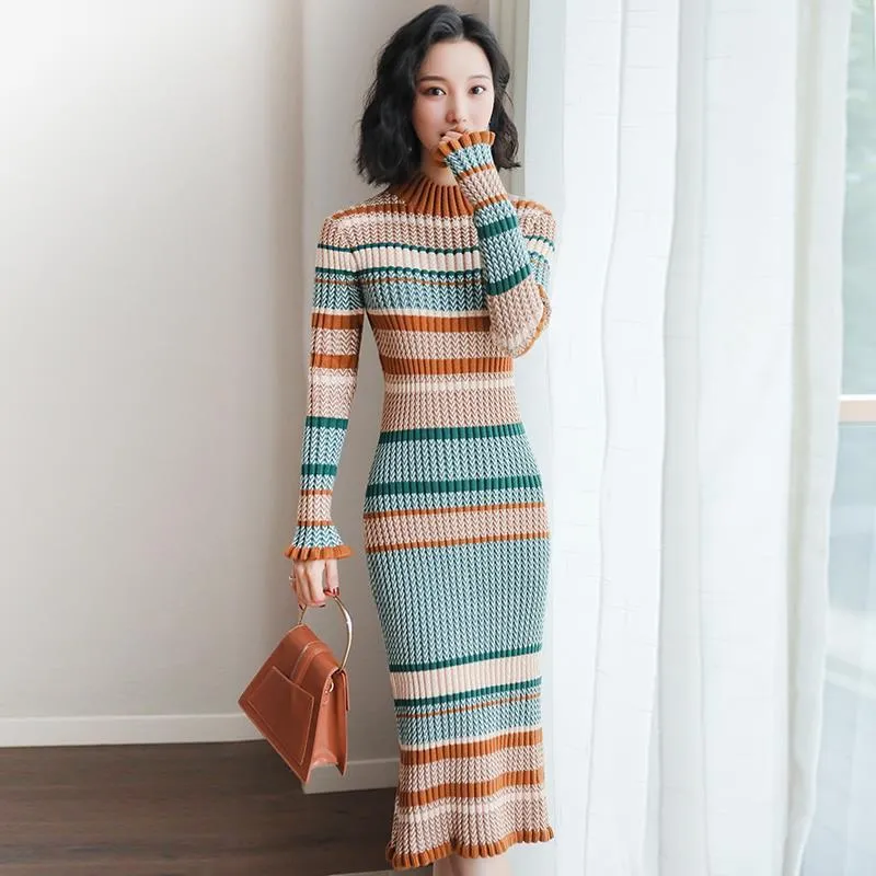 High Quality Women Sweater Dress Full Sleeve Turtleneck Elegant Winter Casual Lady Bodycon Knitted Long Vestidos 210520