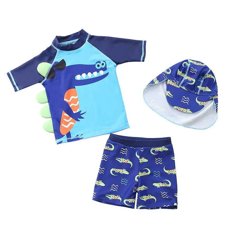 Sommer Kinder Jungen Bademode 3-teiliges Set Cartoon Shark Top + Badehose + Badekappe Badeanzug Kinder Outfits E1054 210610