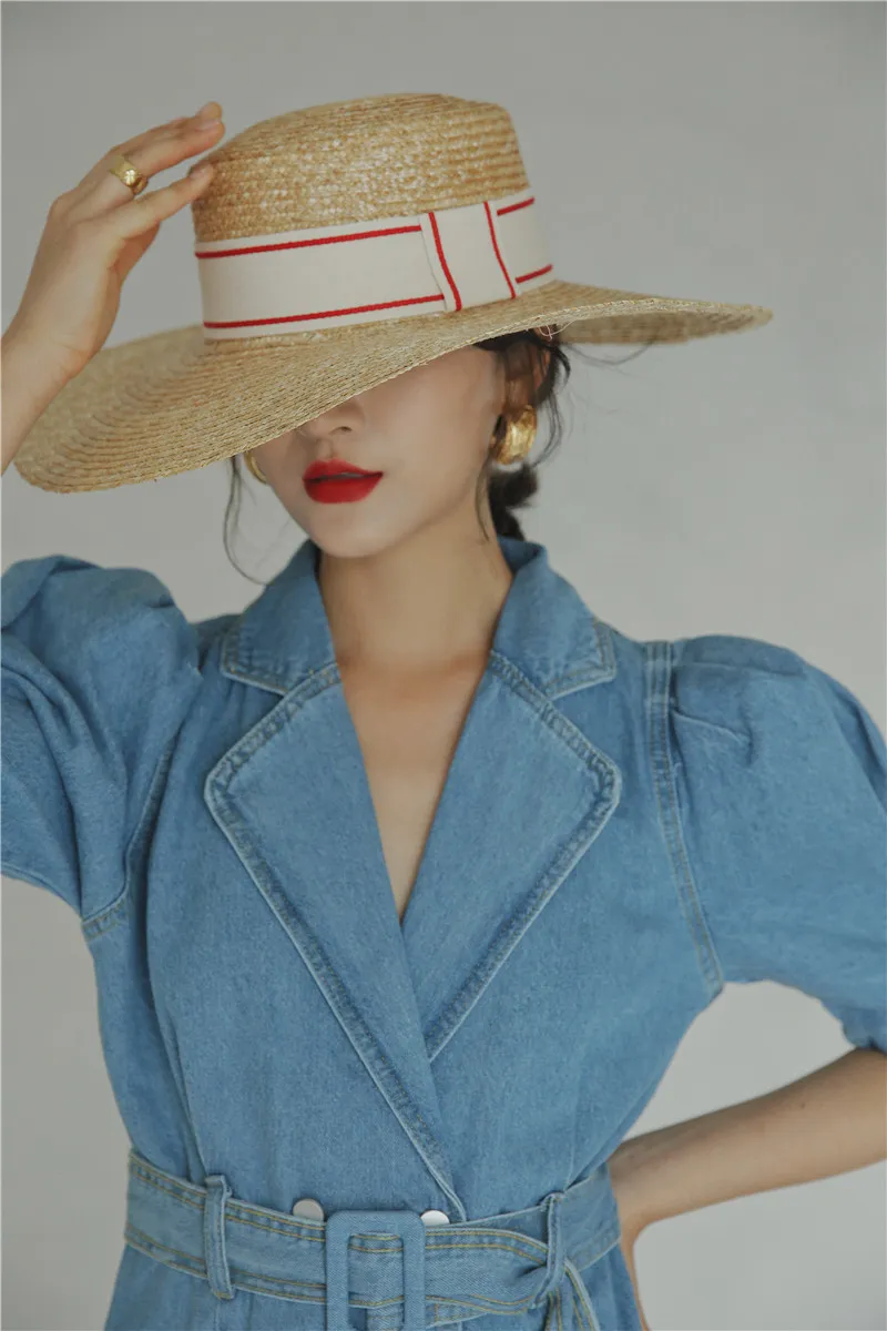 Puffärmel rückenfreies koreanisches Denim-Kleid Frauen Sommer Zweireiher Open Back Damen Jean Blazer Blau 210427