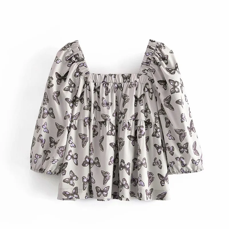 Sweet Women Square Collar Blouse Summer Fashion Ladies Puff Sleeve Loose Female Butterfly Printing Stack Short Top 210515