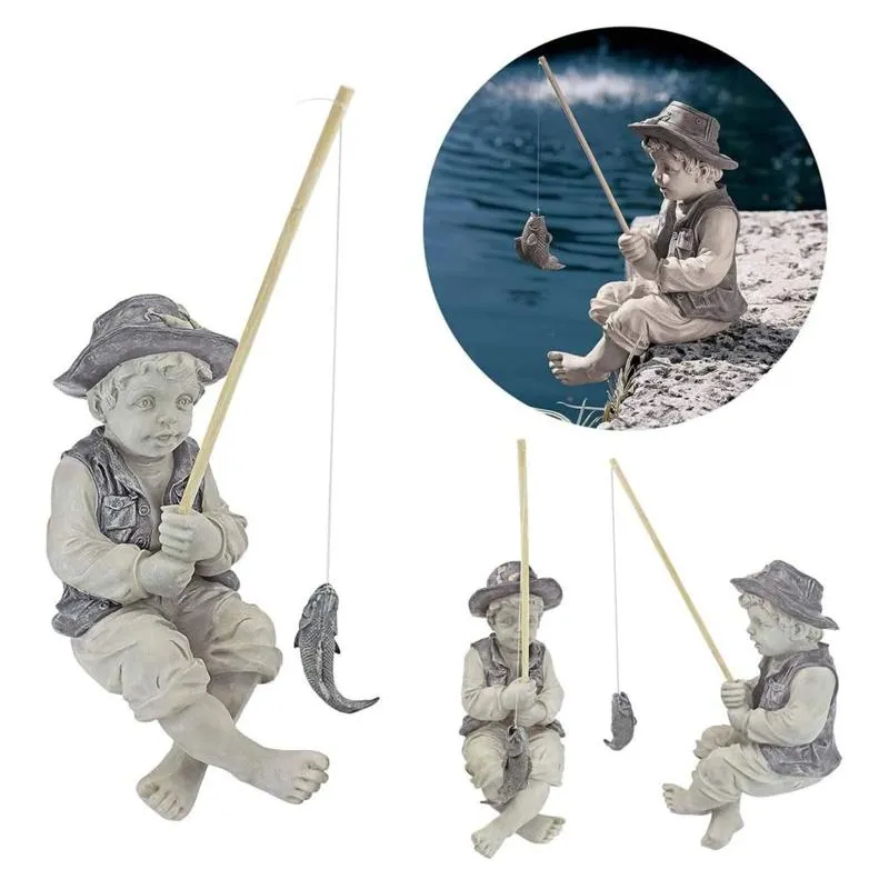Decorazioni da giardino Statua Andato Pesca Ragazzo Ornamenti Pescatore in resina con asta Figurina Scultura stagno Piscina Yard249O