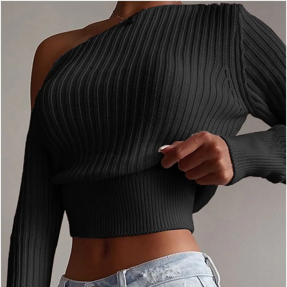 AUTUM SEXY Solidne kobiety Jedno ramię sweter z dzianiny Slim z długim rękawem Waistband Pullover Party High Street Jumper Zima 210514