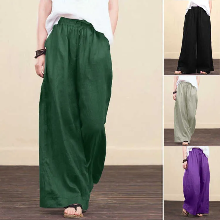 Women Spring Summer Solid Cotton Linen Wide Leg Pants Casual High Waist Palazzo Loose Pocket Trouser Long Pantalon Plus Size 5XL 210925