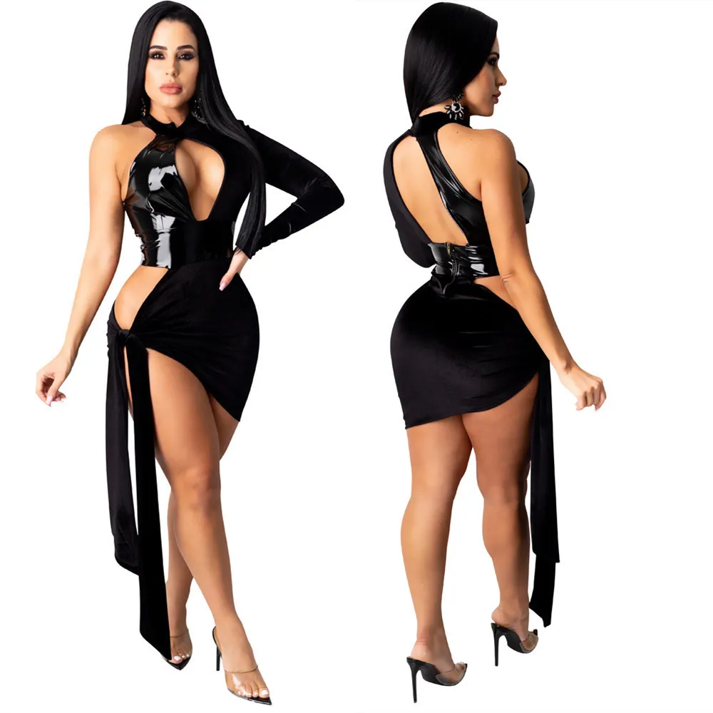 Brillant Noir PU En Cuir Velours Gaine Bandage Robe Femmes Fête De Mariage Une Épaule Unique À Manches Longues Robe De Mode Découpé 210525