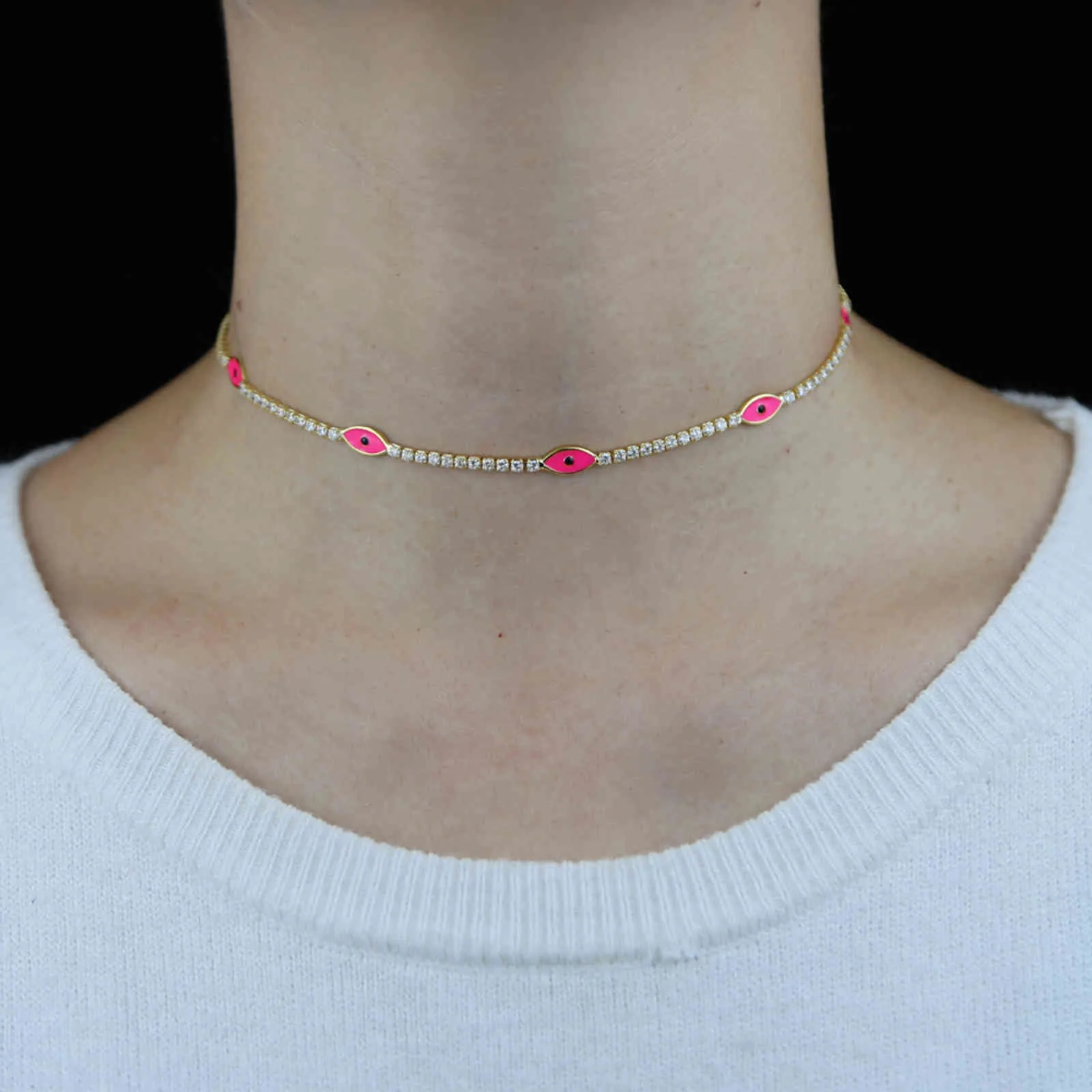 2021 Gold Farbe Bunte Neon Emaille Evil Eye Charme Dünne CZ Tennis Kette 32 + 10 CM Mode Frauen halsband Halskette