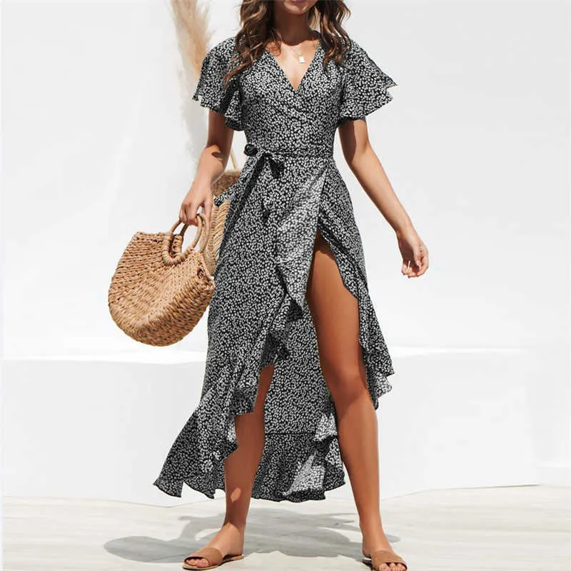 Neehoya Damen Sommer Strand Maxikleid 2021 Kurzarm grün weiß floral boho lässig sexy Party lange Chiffon Wickelkleider X0521