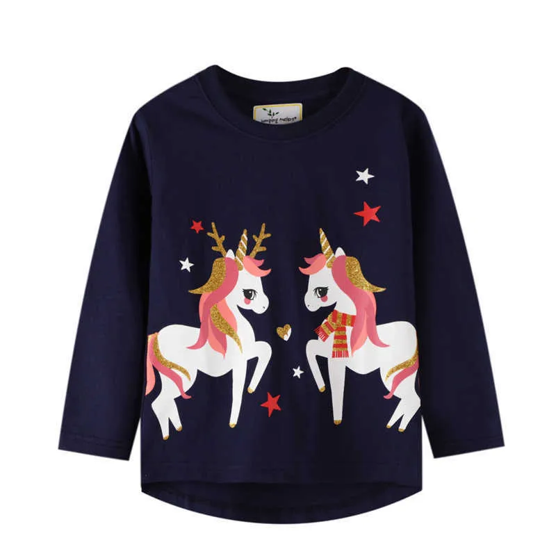 Hoppmätare Långärmad T-shirt Unicorn Baby Bomull Kläder för höst Vårt barns toppar Blusflickor 210529