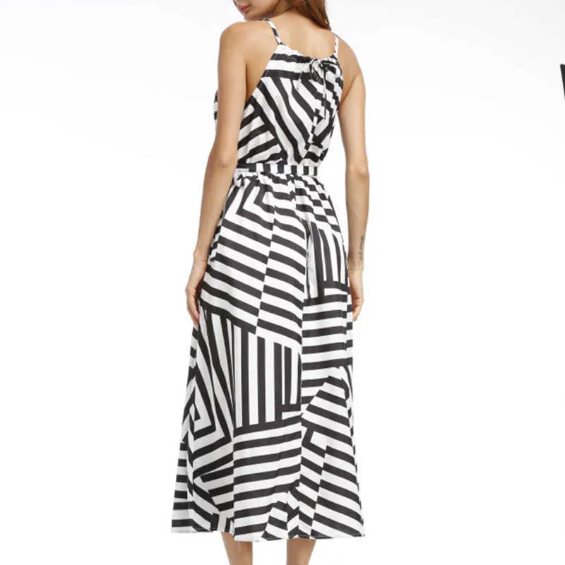 Sommarklänningar Kvinnor Sexig Boho Striped Ärmlös Maxi Long Beach Style Strap Sundress Vestidos 210607