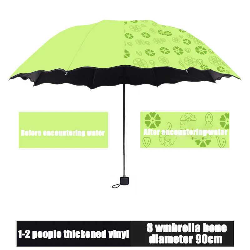 水中の女性紫外線保護携帯用小型傘の防風3折りたたみ花は変わります色の抗UV太陽/雨傘210721