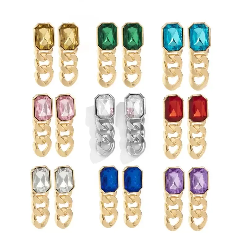 Stud 2021 Chaîne classique Verre Gem Ear Studs Géométrie Boucles d'oreilles pour femmes