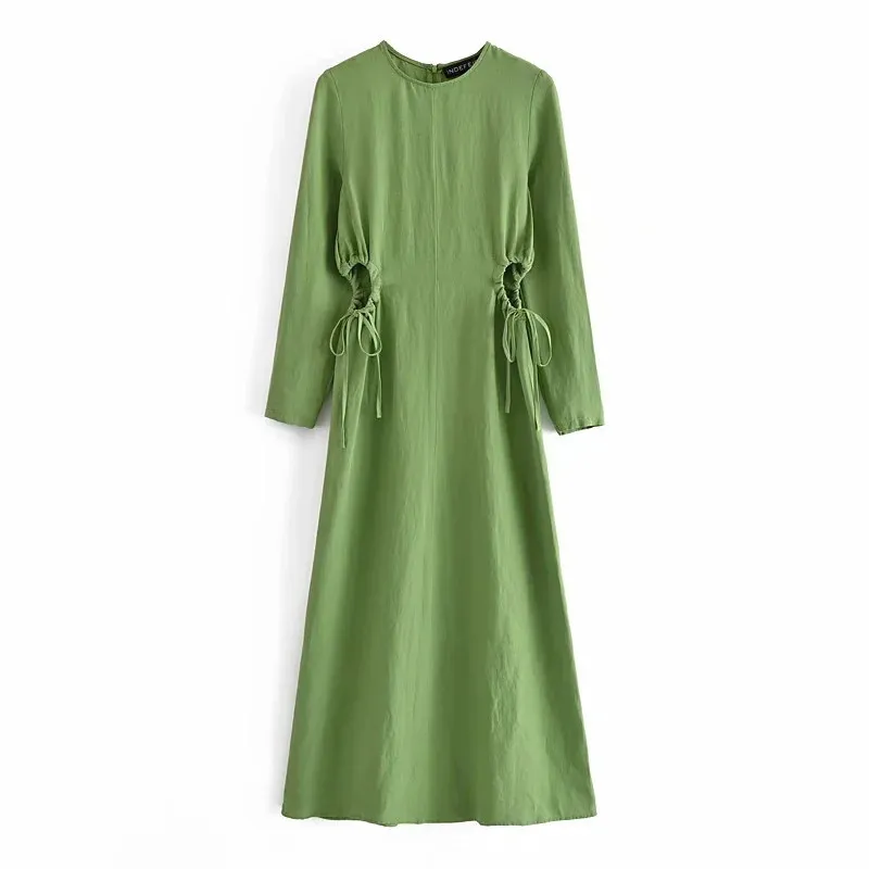 Sukienka Kobieta Green Cut Out Długie Kobiety Eleganckie Midi Rękaw ES Ladies Regulowany Wiązany Dorywczo ES 210519