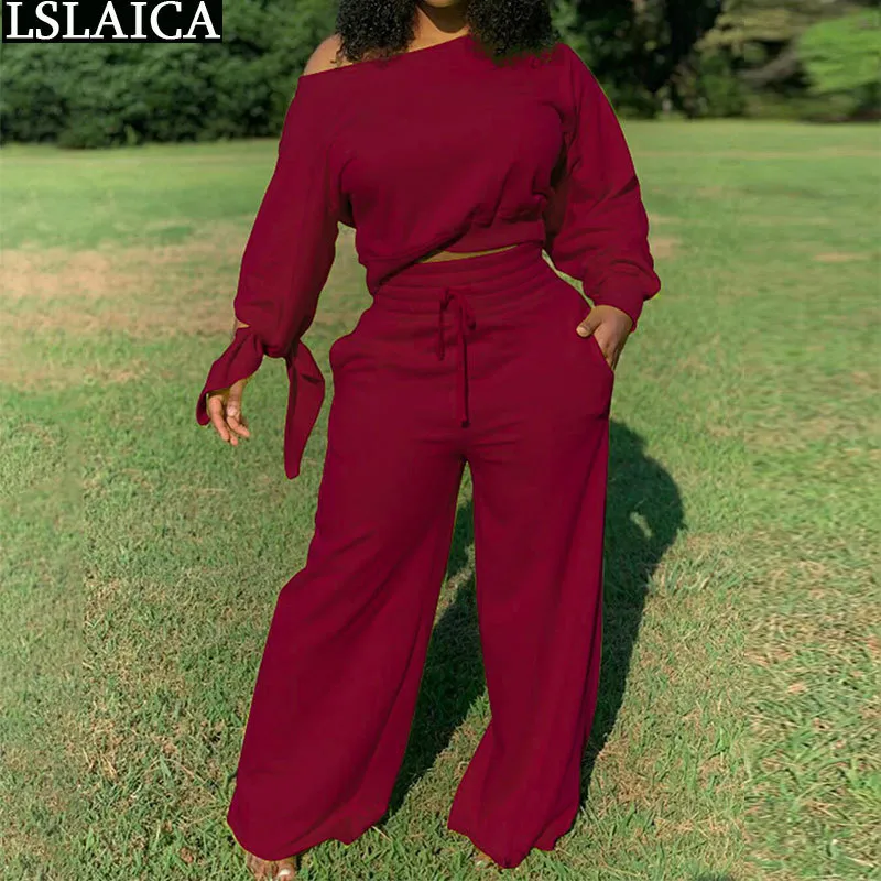 İki parçalı Takım Elbise Moda Artı Boyutu Sonbahar Kış 2 Parça Set Kadın Kıyafet Salonu Uzun Kollu Kırpma Üst Geniş Bacak Pantolon Setleri 210520 Giymek