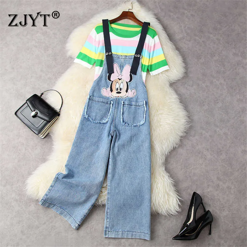 Summer Designers Casual Outfits Women Fashion Striped T Shirt and Sequined Overalls Jeans Pants Suit Matching Sets 210601