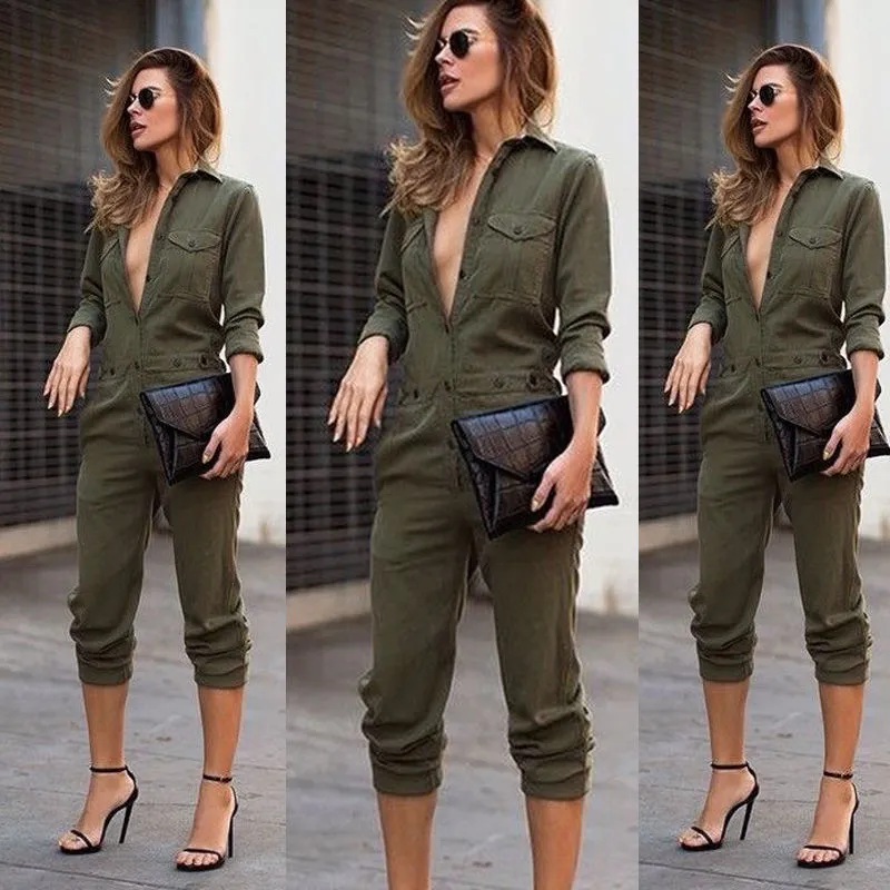 Femmes Combinaison Armée Vert Barboteuses s Taille Haute Slim Manches Longues Mode 210524
