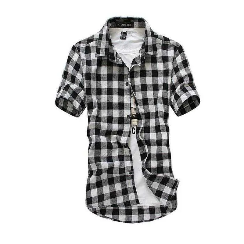 Chemise à carreaux pour hommes en flanelle de coton brossé à manches courtes Casual Slim Fit Top Plus Size 210701
