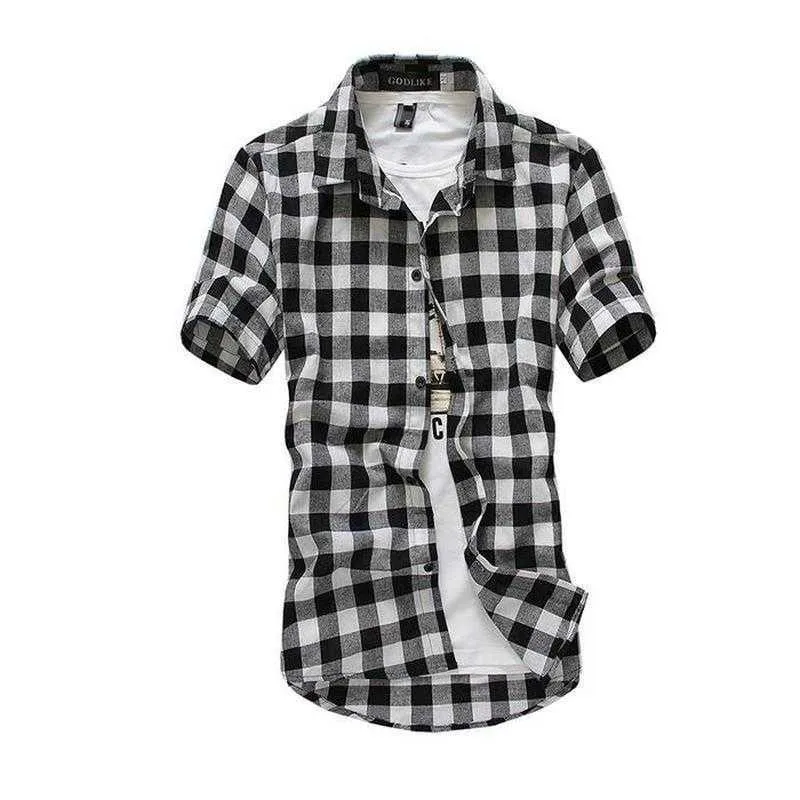 Chemise à carreaux pour hommes, flanelle, coton brossé, manches courtes, haut décontracté, coupe cintrée, grande taille, 210701255O