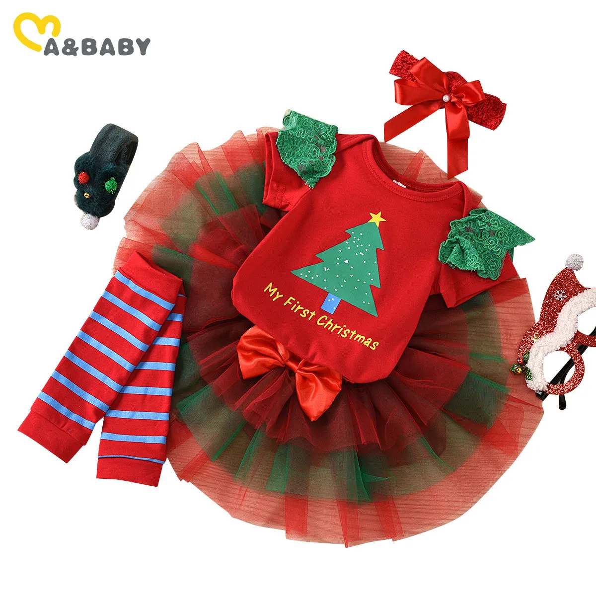 0-24M My 1st Christmas Baby Girl Clothes Set Red Romper Green Tutu Skirts Bow Headband Leg Warmers Xmas Party Outfits 210515