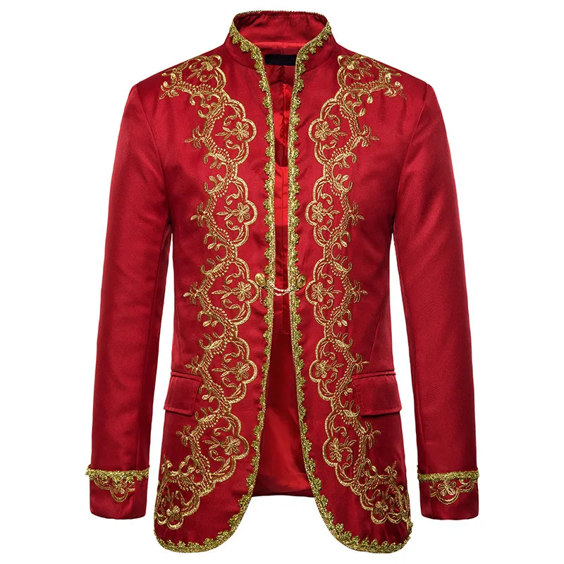 Gold Broderi Luxury Blazer Jacket Män Stilig Barock Style Kostym Homme Stage Prom Visa Svart Klänning Blazer Masculino 210522