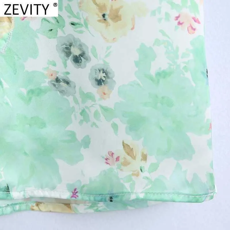 Zevity المرأة الحلو الأزهار طباعة الأخضر سموك بلوزة أنثى الخامس الرقبة المتتالية كشكش قميص شيك قصيرة الأكمام blusas قمم LS9367 210603