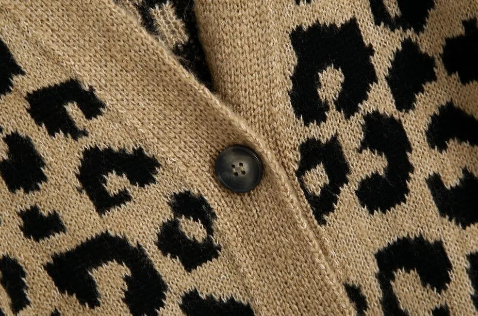 Wiosenne dziewiarskie zwierzę Leopard Cardigan Coffeeving sweter Sweter Retro kobieta V Neck Długi Rękaw Jumper Luźne Knitwear 210429