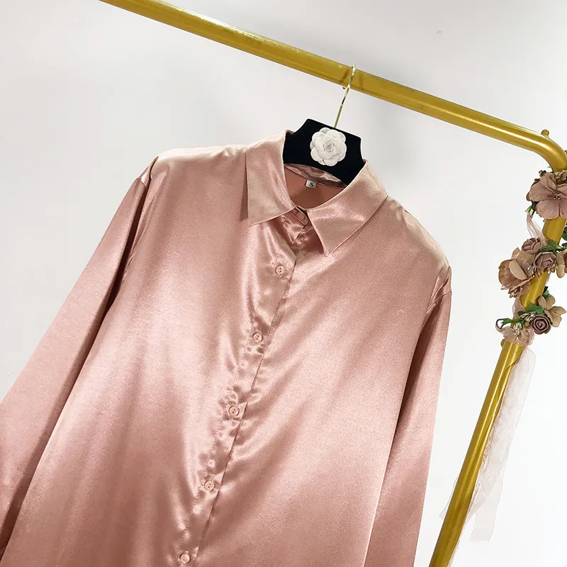 Vår Höst Vintage Rosa Satinskjorta Klänning Kvinnor Femme Robe Lösa Långärmad Dam Elegant Maxi Klänningar Vestidos 210514