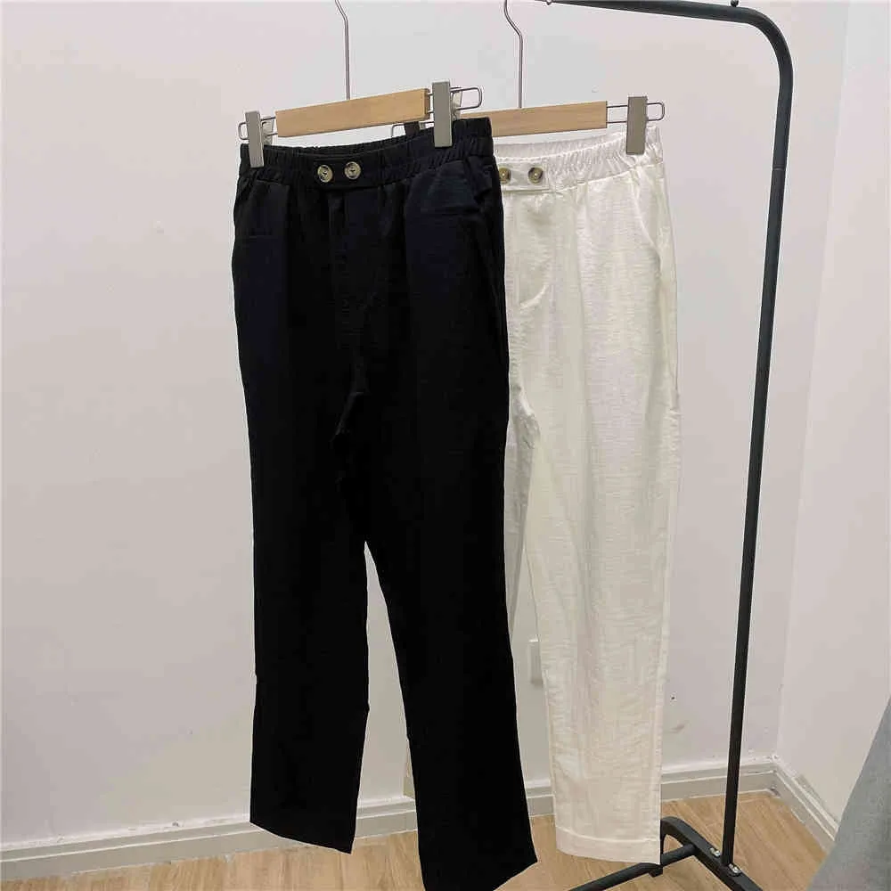 Été coton et lin femmes pantalons boutons taille haute Harem Vintage solide femme Chic pantalons poches 210428