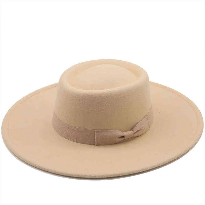 Твердый цвет осени зимой шерсть моды Простая круглая плоская вершина винтажные шляпы федоров для женщин с краной цепной лентой 2112272894319