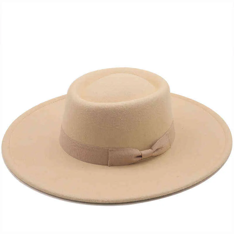 Cor sólida Outono inverno moda lã simples redonda plana top vintage largo fedoras chapéus para mulheres borda cadeia fita 211227