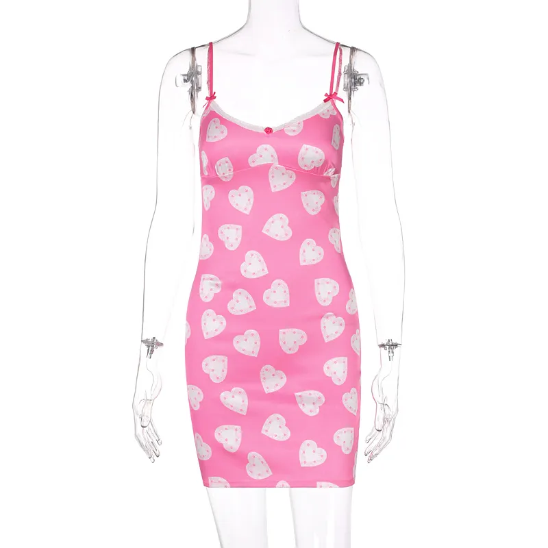 Women's Pink Heart Print Vintage Summer Mini Dresses Sweet Lace Trim Egirl Cami Dress Y2K Spaghetti Strap Party Club Outfit 210517