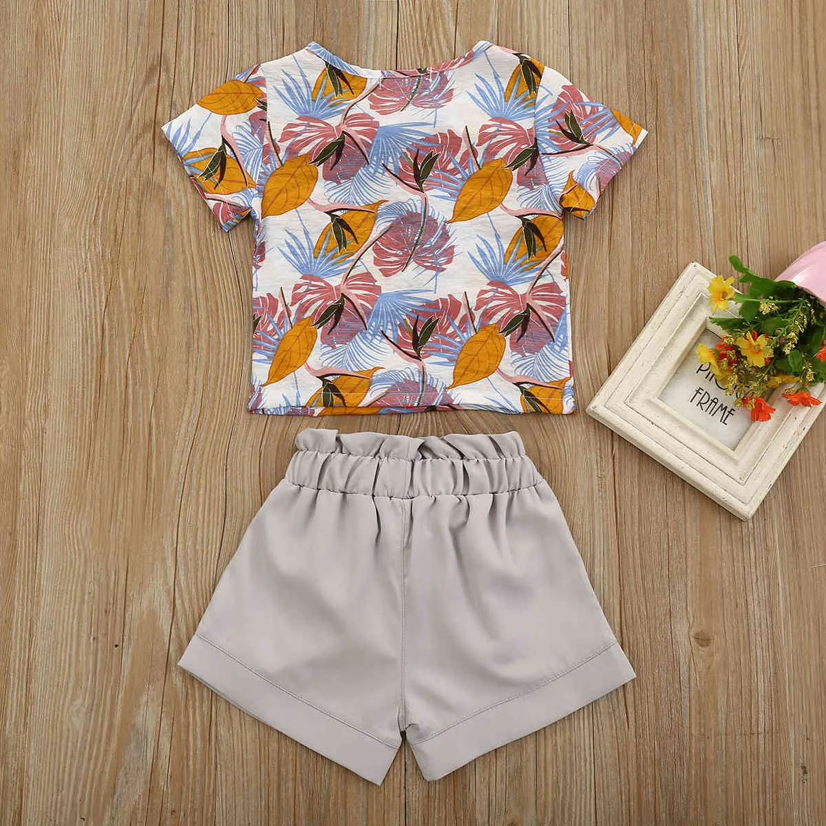 Children's Clothes Set Summer Short-sleeved Leaf Print Shirt + Solid Color Shorts 2-piece Casual Suit For Toddler Boys and Girls 210515
