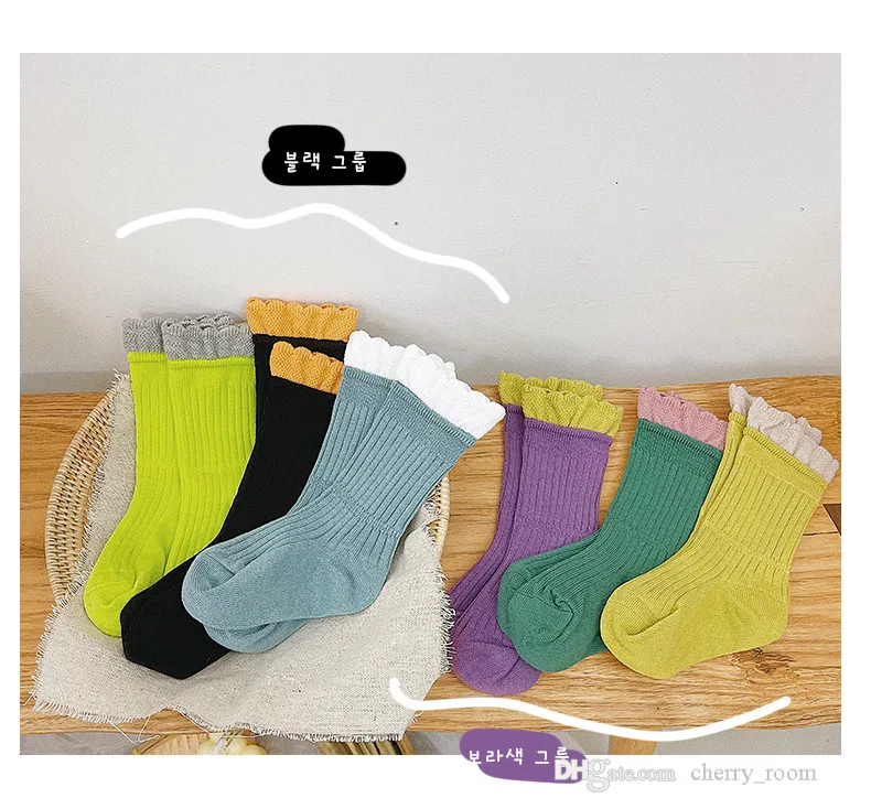 Autumn 2021 children cotton socks baby boys girls pure color big Splice lace sock cute princess tide casual hosiery D064