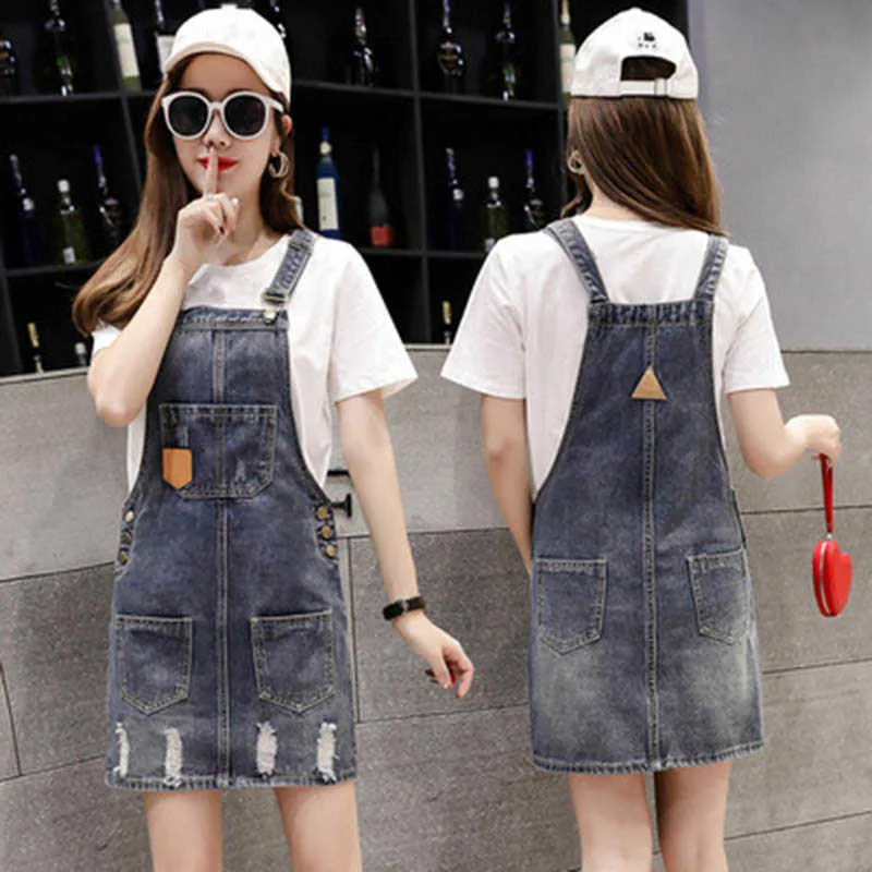 Metal Buckle Adjustable Strap Jeans Dress Korean A-line Loose Denim Short Pockets Sundress Casual Overalls es 210604