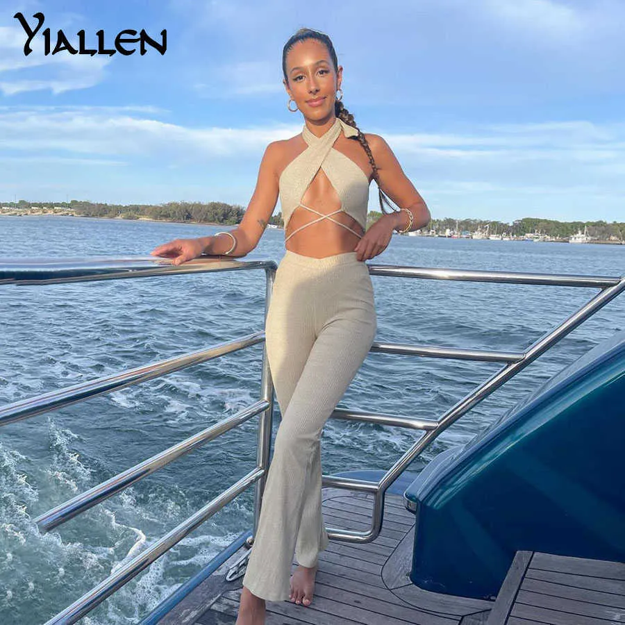 Yiallen Sexy Hollow Out Bandage Hemdje Broek Tweedelige Set Vrouwen 2021 Zomer Party Vakantie Strand Solid Rib Gebreide pak Dame Y0625