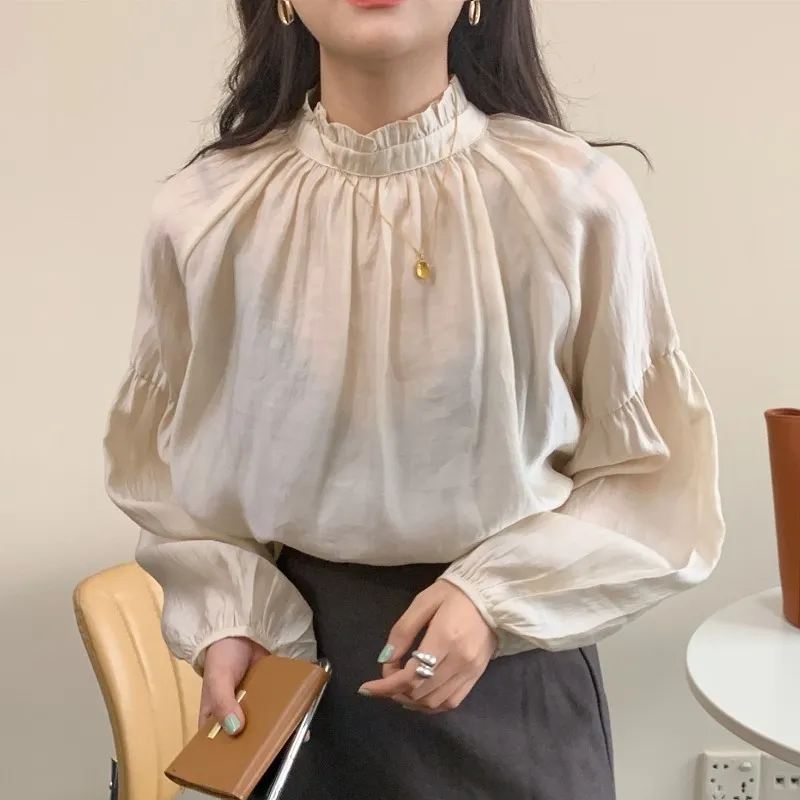 Ezgaga Tender blusa mujer Chic Puff manga coreana Tops todo-fósforo sólido suelto fino Oficina señora camisas elegante primavera moda 210430