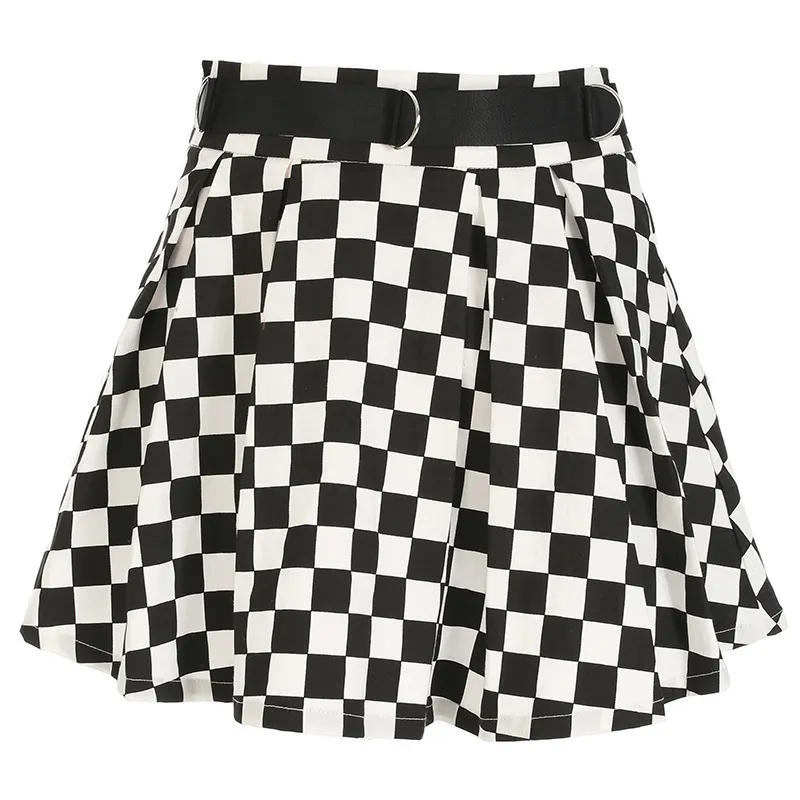 Kimutomo Casual Plaid Pleated Mini Skirt Women High Waist Black White Contrast Color Panelled Slim Skirt Spring Fashion 210521