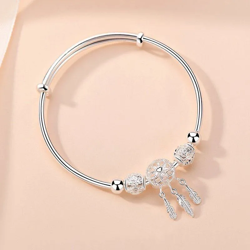YHAMNI Original 925 Bracelet attrape-rêves en argent Sterling avec pendentif pompon plume perles rondes bracelets à breloques pour femmes 266l
