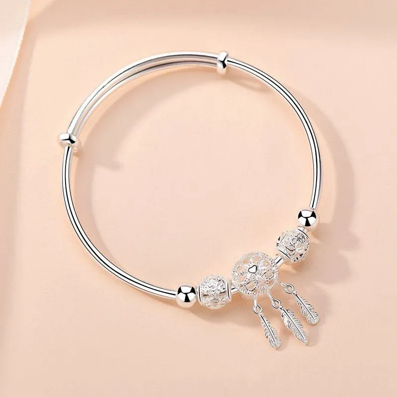 Yhamni Original 925 Sterling Silver Dreamcatcher Bracelet مع شرابة الريش قلادة Round Beads Charm للنساء 266L