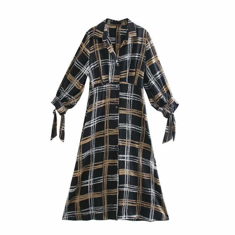 Za vintage camisa xadrez vestido mulheres manga longa arco algemas escritório senhora midi vestidos feminino chique botão frontal elegante vestido 210602