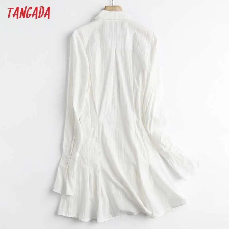 Tangada Fashion Women White Tunica Cotton Shirt Dress Flare Long Sleeve Office Ladies Mini Dress 5S16 210609