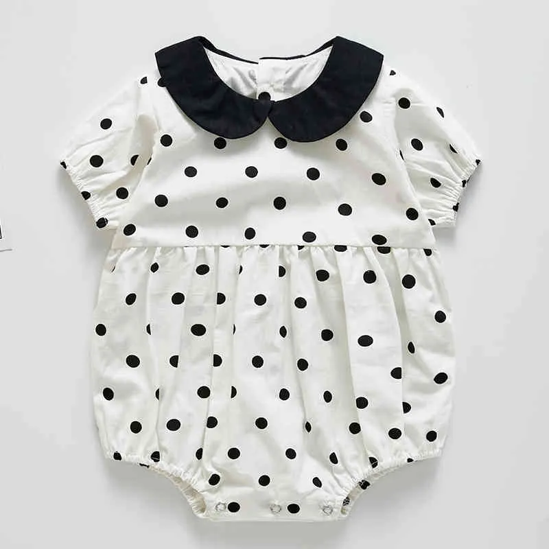 Mönster sommar baby romer tjej ren bomull kostym söt polka dots kortärmad ha yi jumpsuit utgående kläder 210429