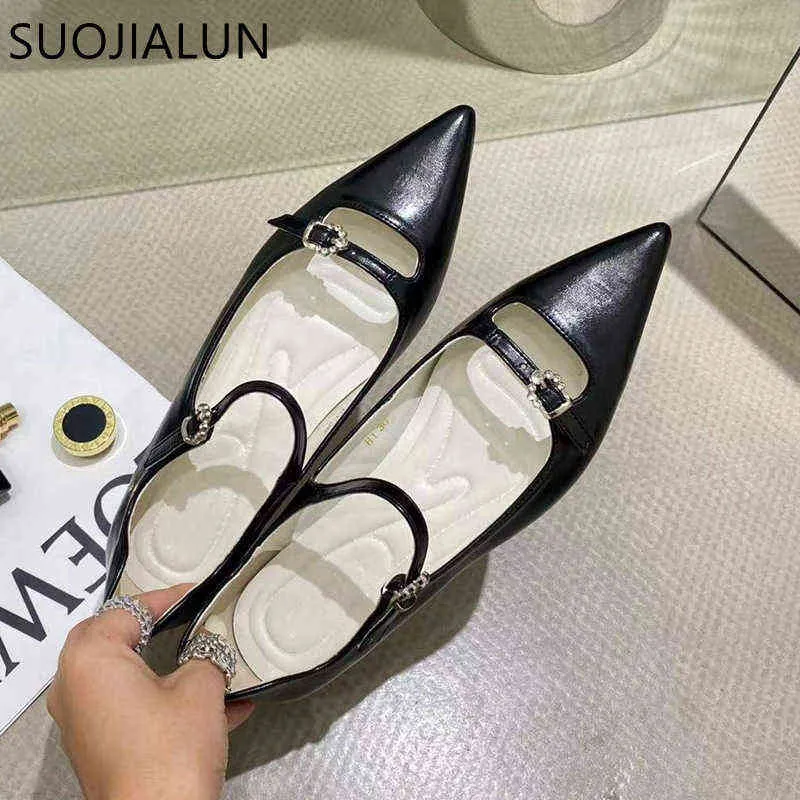 Dress Shoes Suojialun Primavera Nuove donne Appartamenti Diapositive poco profonde a punta Punta Strass Fibbia Slip Slip on Ladies Elegante Ballte Sho 220303