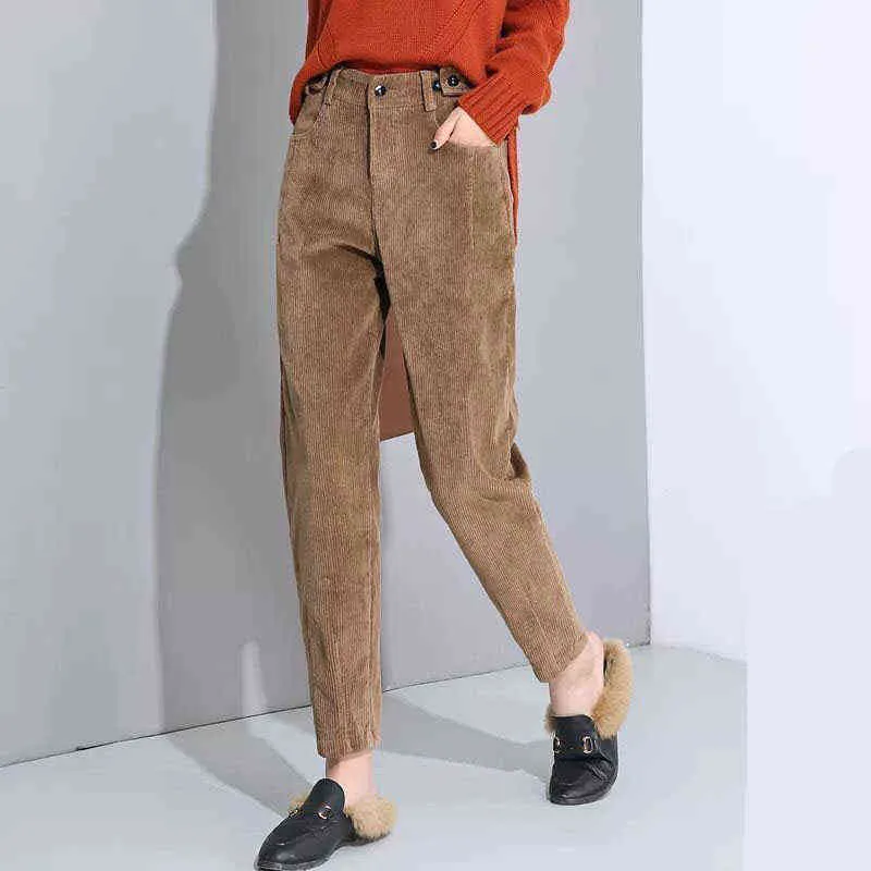 Lucyever automne hiver décontracté chaud pantalon élégant velours côtelé harem femme vintage marron bouton taille haute pantalon 211124