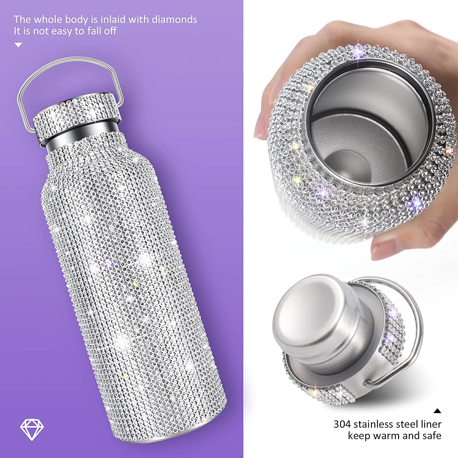 Garrafa de água diamante display de temperatura led tumbler com tela de toque inteligente aço inoxidável isolado strass kettle304s