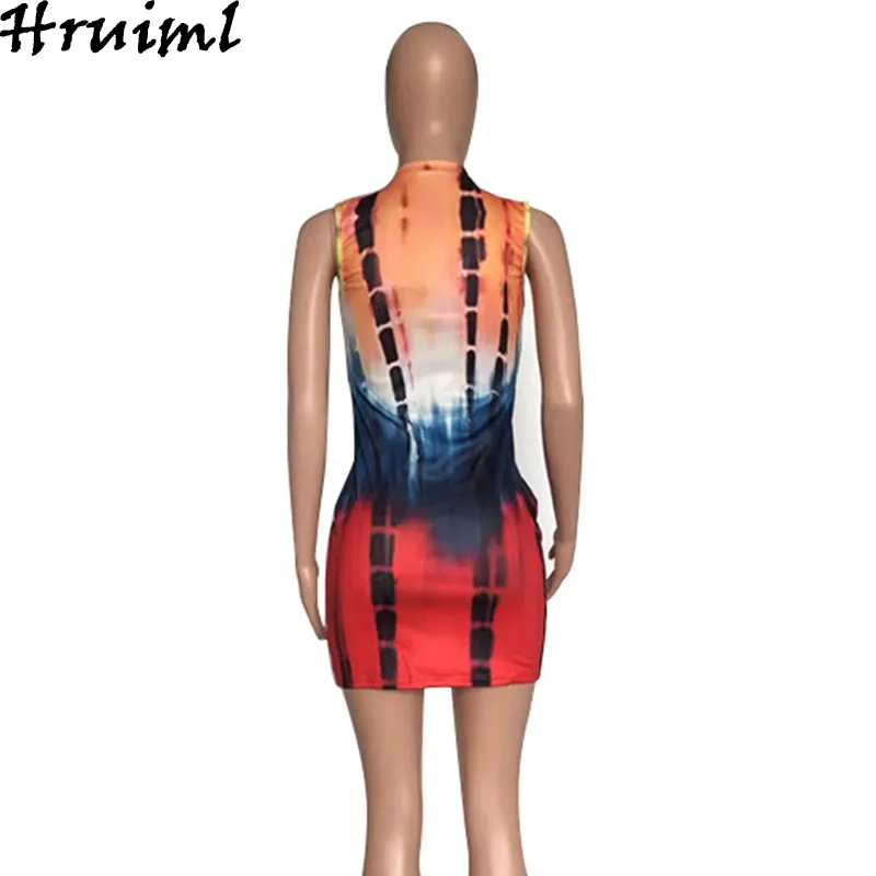 Frauen Kleider Sommer Tie-Dye-Druck ärmelloser vorderer Reißverschluss verziert elegant für Streetwear Party Minikleid 210513