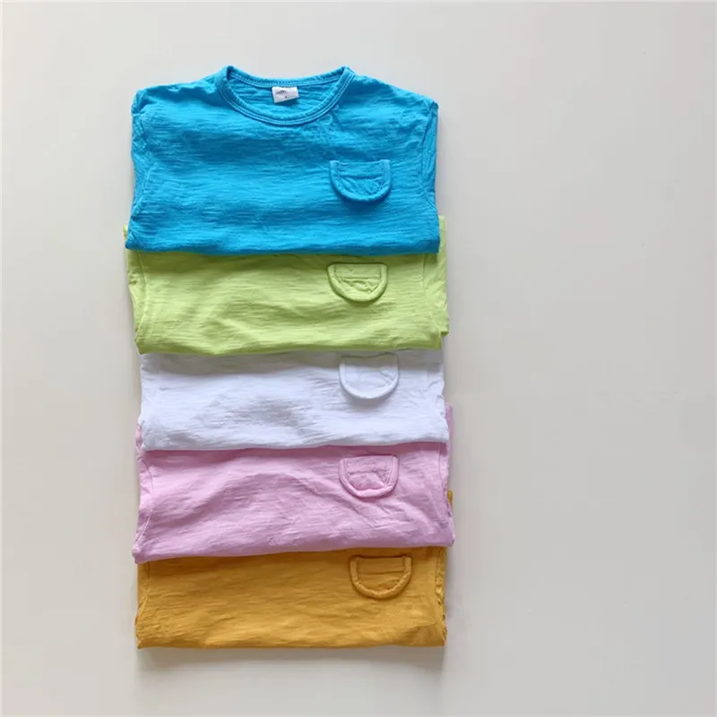 Zomer T-shirt Eenvoudige wilde katoenen suikergoedkleurige korte mouwen peuter meisje tops 210515